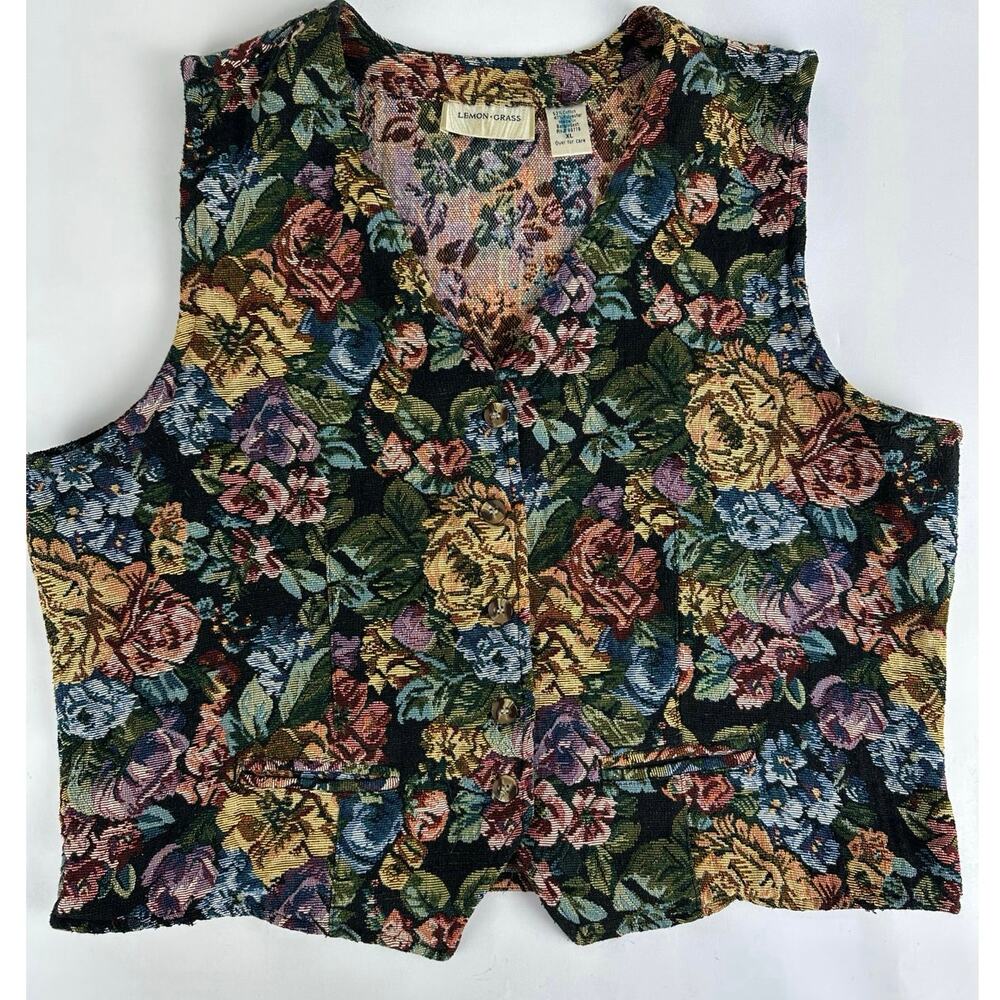 Vintage Lemon Grass Floral Tapestry Waistcoat Vest XL Boho 90s Dark Academia